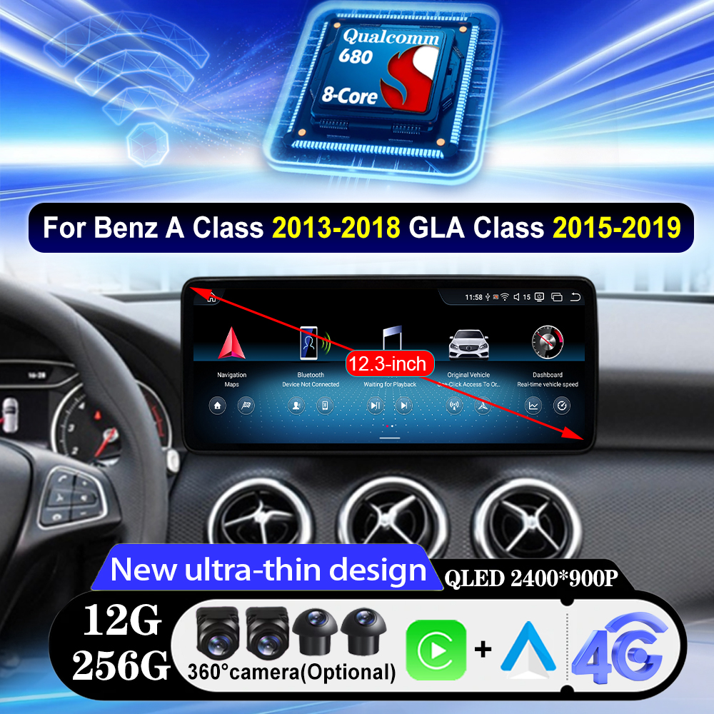 12.3 インチ Android 15 ベンツ A クラス 2013-2018 GLA クラス 2015-2019 Carplay 自動 QLED スクリーン 4 グラム WIFI カーラジオマルチメディアプレーヤー