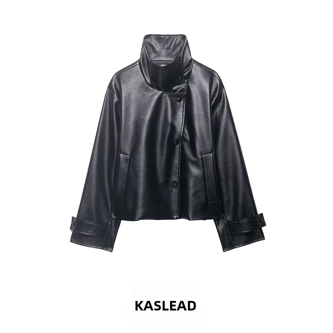 ファッショナブルなルーズ長袖フェイクレザースタンドカラージャケット女性のスタイリッシュなアウターウェア新着 KASLEAD レディースコート