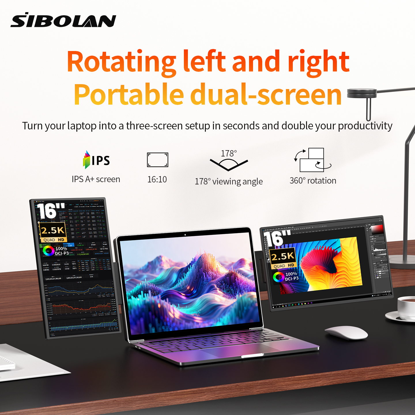 SIBOLAN 16インチ 2.5k ポータブル デュアル ラップトップ モニター 14インチ オプション 16:10 HDR 2560*1600P UHD トリプル折りたたみディスプレイ ラップトップ Windows 用