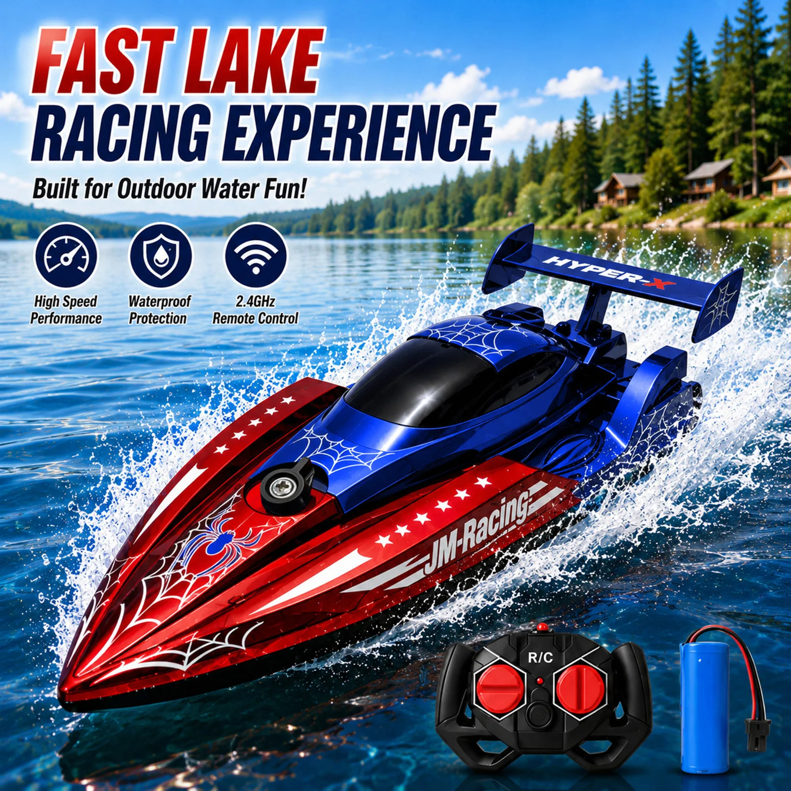 スパイダースピード RC ボート 2.4GHz リモコン充電式レーシング水のおもちゃ プール池湖屋外プレイギフト子供用