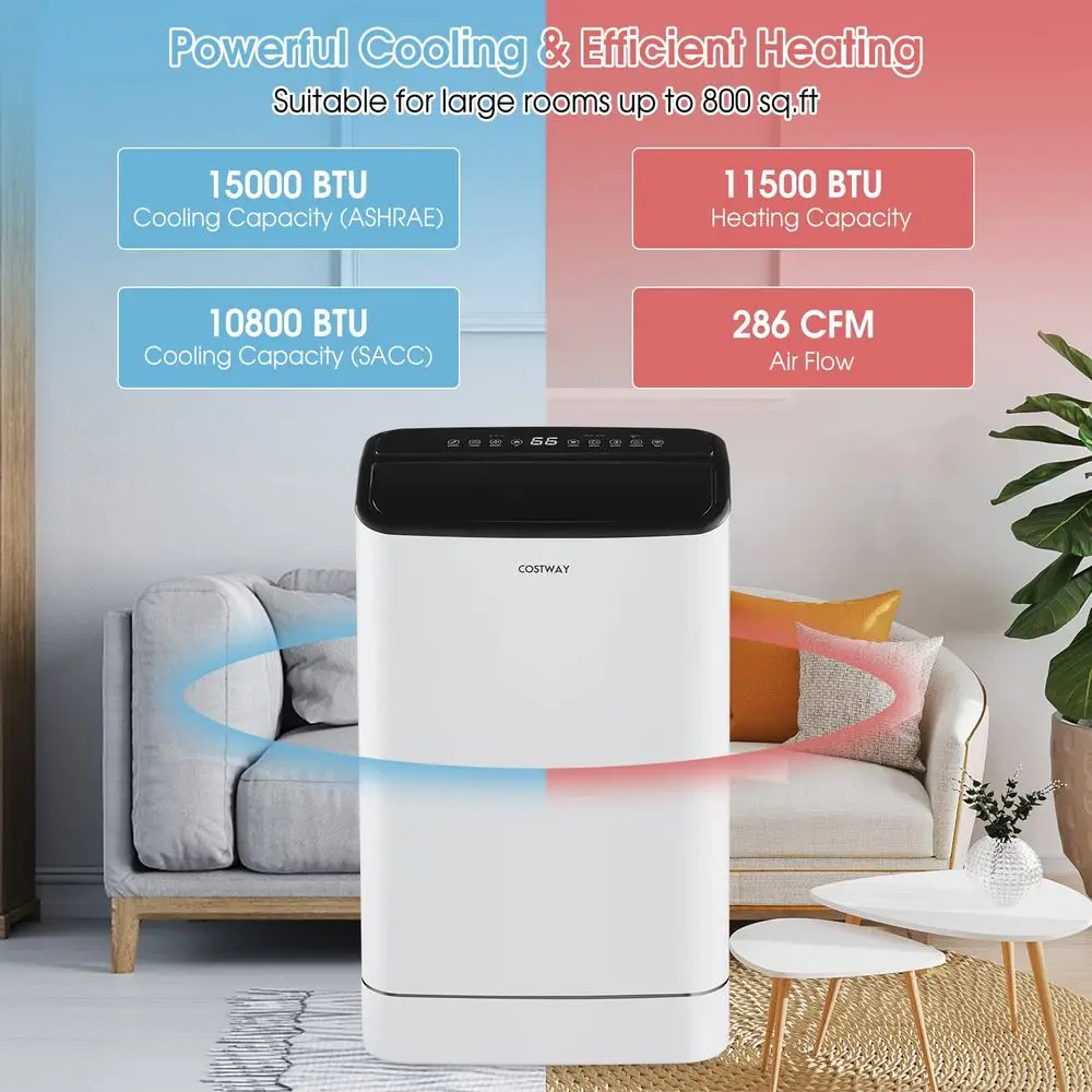 15000 BTU ポータブル エアコン、暖房付き、最大 800 平方フィートの部屋用自動スイング 4in1 AC ユニット、内蔵除湿器付き、24