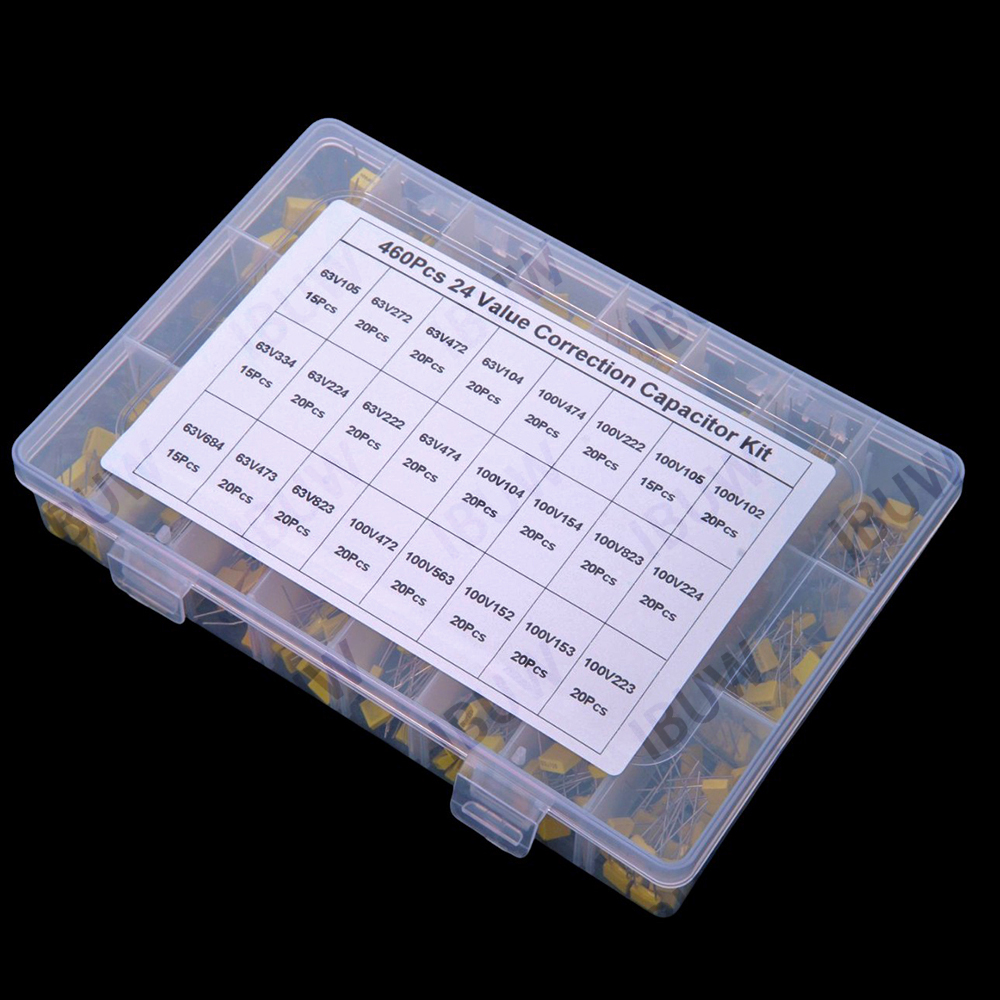 460 個 63V 100V 24Valuesx 補正コンデンサー詰め合わせキット 63V 100V ポリプロピレン安全プラスチックフィルムコンデンサーセット 100V