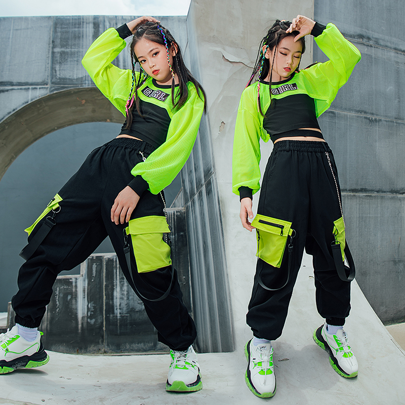 子供ヒップホップの服女の子ジャズダンス衣装ネオングリーンクロップトップス黒ベストカーゴパンツストリートダンスパフォーマンス着用 BL7108