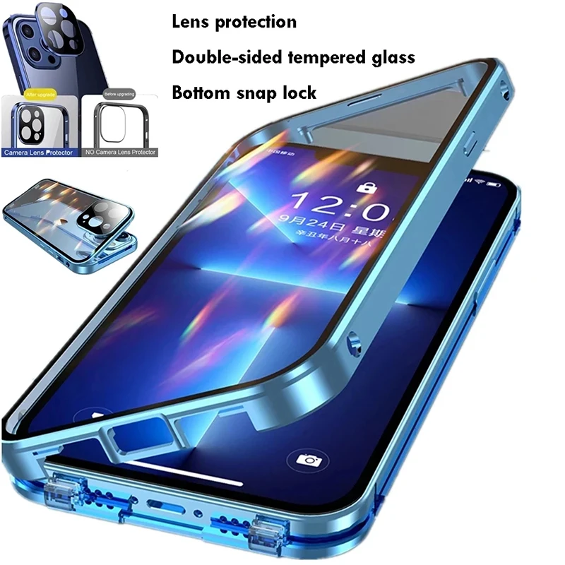 360°完全保護金属磁気両面ガラススナップロック電話ケース iPhone 16 プロマックス 14 13 12 15 プロマックスバンパーカバー