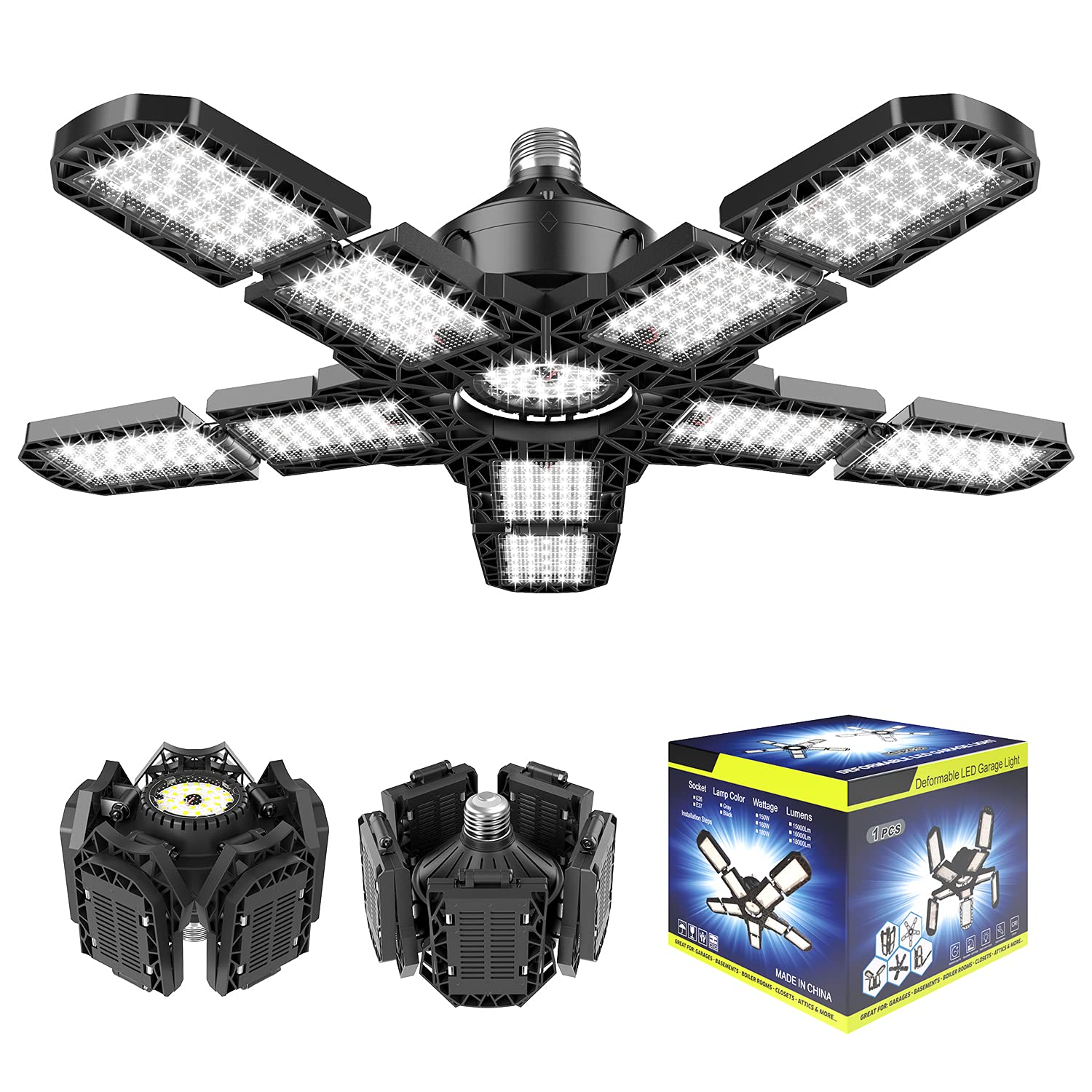 1/2pcs LED Deformable Bulb E27 Led Lamp Super Bright Garage Ceiling Foldable Lights for Warehouse Factory Gym White Light 6500K