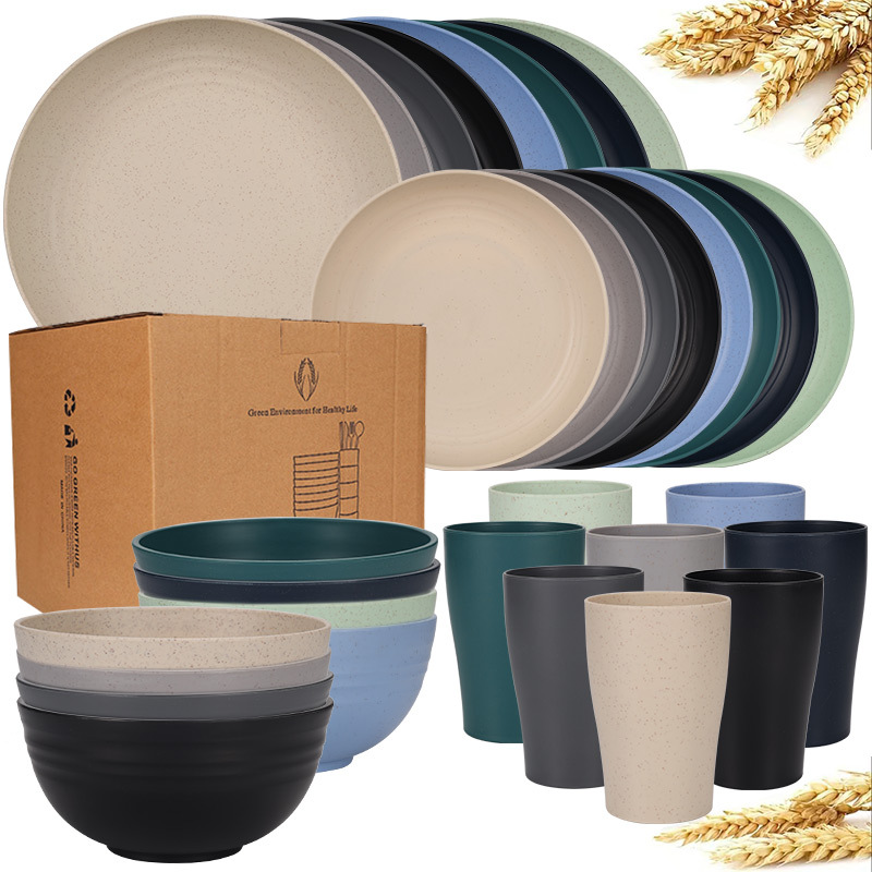 天然小麦わら食器セット食器セット生分解性壊れないプレート、ボウル、カップ軽量キッチンキャンプ用