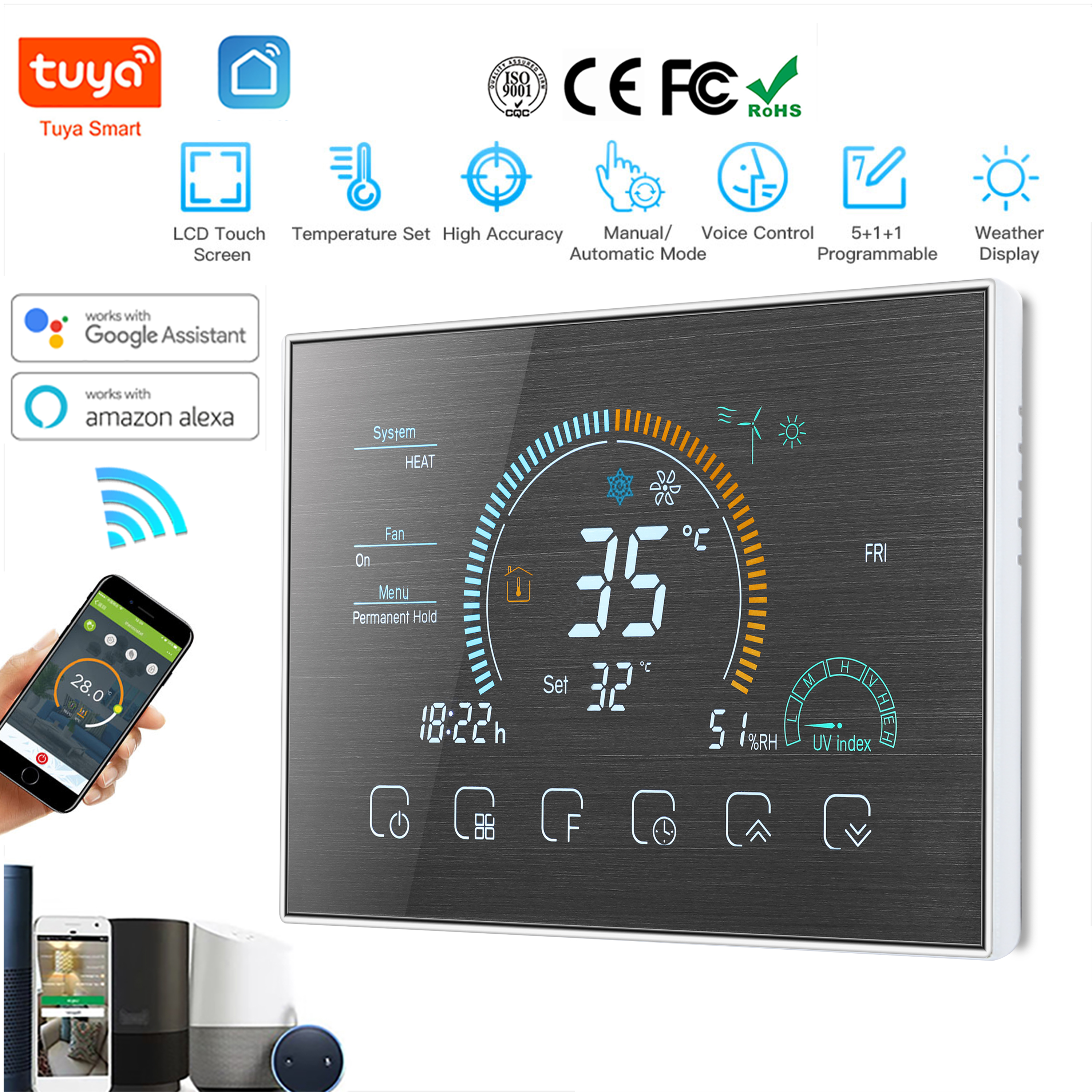 TUYA Wi-Fi スマート大型カラフルなスクリーンルームプログラマブルエアサーモスタット WIFI スイッチ加熱クーラーブリッジ音声 Alexa