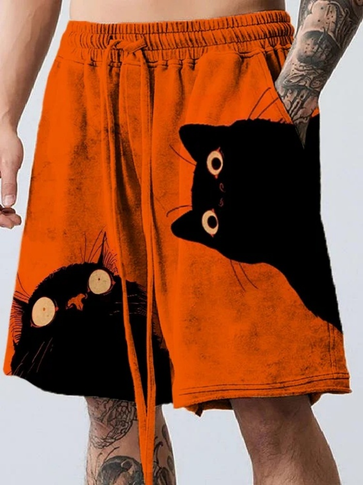メンズ黒猫覗くプリントカジュアルショーツファッション弾性ウエストボヘミアンビーチショートパンツ 2025 夏休みボトムス男性