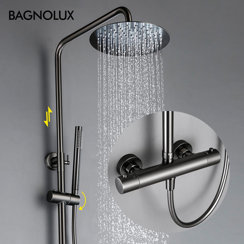 壁掛けサーモスタットバルブシステム Bagnolux ブラッシュグレー真鍮レイン蛇口 8 - 12 インチトップスプレーヘッドバスルームシャワーセット