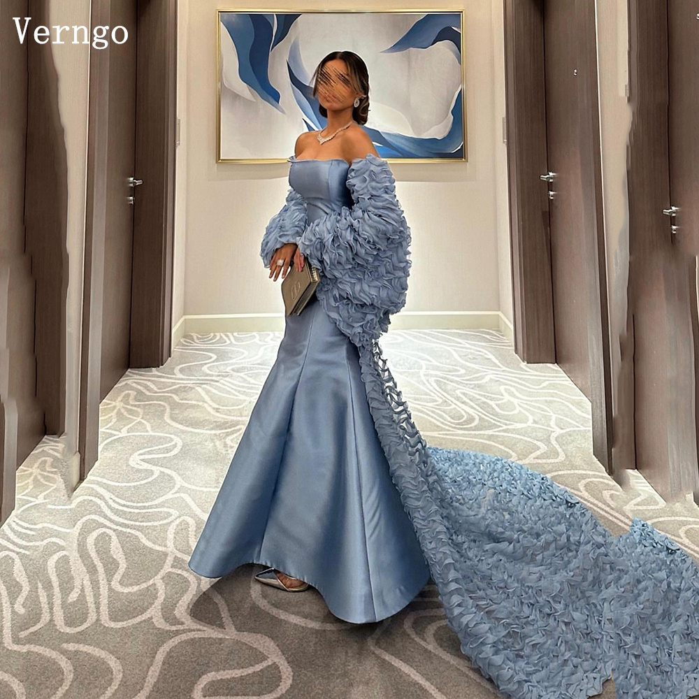 Verngo グレーブルーサテンウエディングドレスストラップレスマーメイドウエディングパーティードレスプリーツクレープ女性エレガントなサウジアラビアイブニングドレス