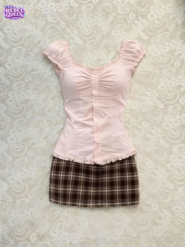 ヴィンテージレトロ甘いかわいい女性 2 点セットピンクフリルキャップスリーブシャーリングトップチェック柄ミニスカート Y2k プレッピーカジュアルシックな衣装