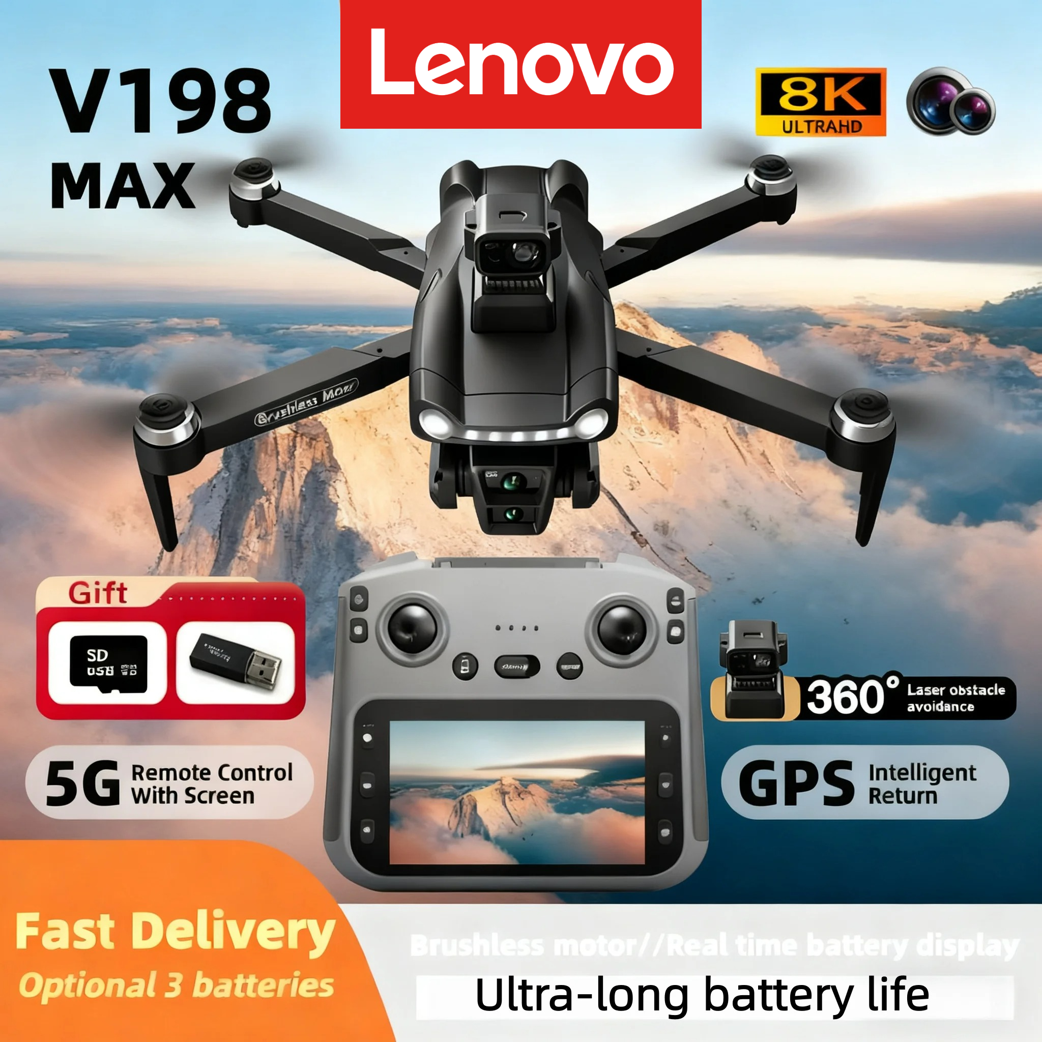 レノボ V198MAX GPS リターンドローン 5 グラム 8 18K HD デュアルカメラドローンリモートスクリーンレーザー障害物回避ドローン RC おもちゃギフト FPV