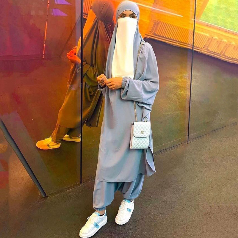 イードラマダンイスラム教徒女性オーバーヘッドキマールアバヤ 2 点セットイスラム服祈り衣服トップスパンツアラビアアバヤドレスローブ