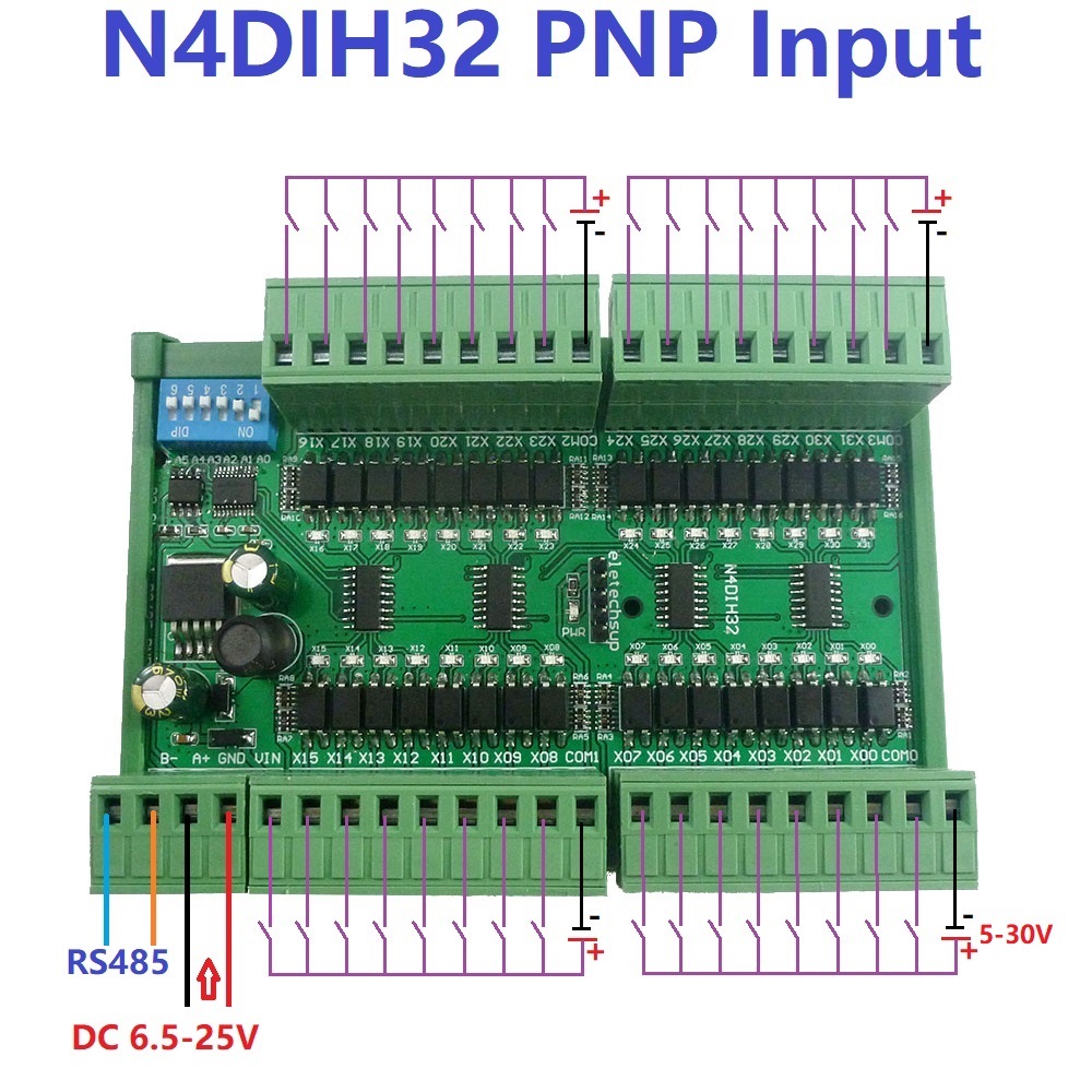 32ch PNP NPN 絶縁デジタル入力 RS485 Modbus Rtu コントローラ DC 12V 24V PLC スイッチ数量取得ボード