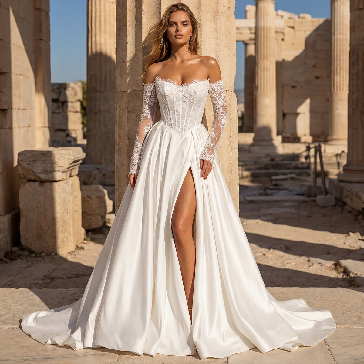 エレガントなレースサテンのウェディングドレス女性のための長袖 Vestidos ノビアオフショルダー A ラインボールガウンブライダルパーティードレス花嫁のための