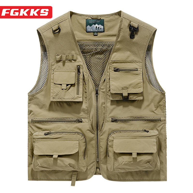 FGKKS 男性マルチポケットベスト男性の新しい通気性屋外釣りベスト品質デザインレジャーハイテク男性ジャケット