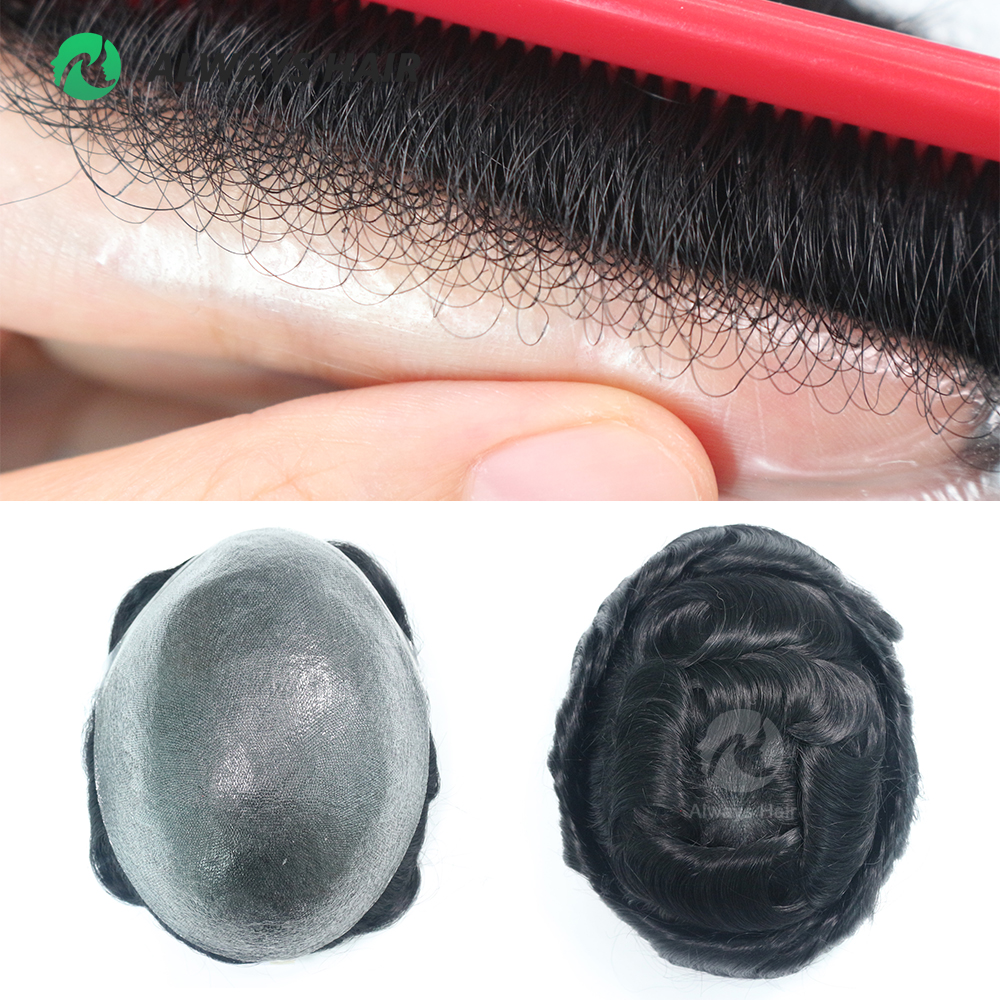 目に見えないヘアラインヘアシステムユニット男性用 0.03-0.04 ミリメートル超薄型ベースかつらインド人毛メンズトッパーウィッグ