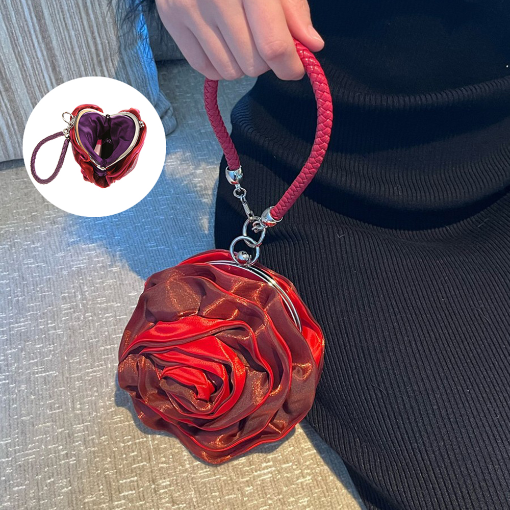 女性用のカラフルなピンクの花が付いたハンドバッグ、ウェディングパーティー用のサテンバッグ、女性用のイブニングバッグ高級クラッチ財布