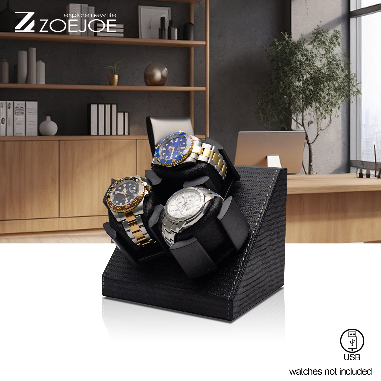 ZOEJOE 3 自動ウォッチワインダー USB 電源、静かなモーター回転時計ディスプレイボックス PU レザー時計収納ケースコレクター用
