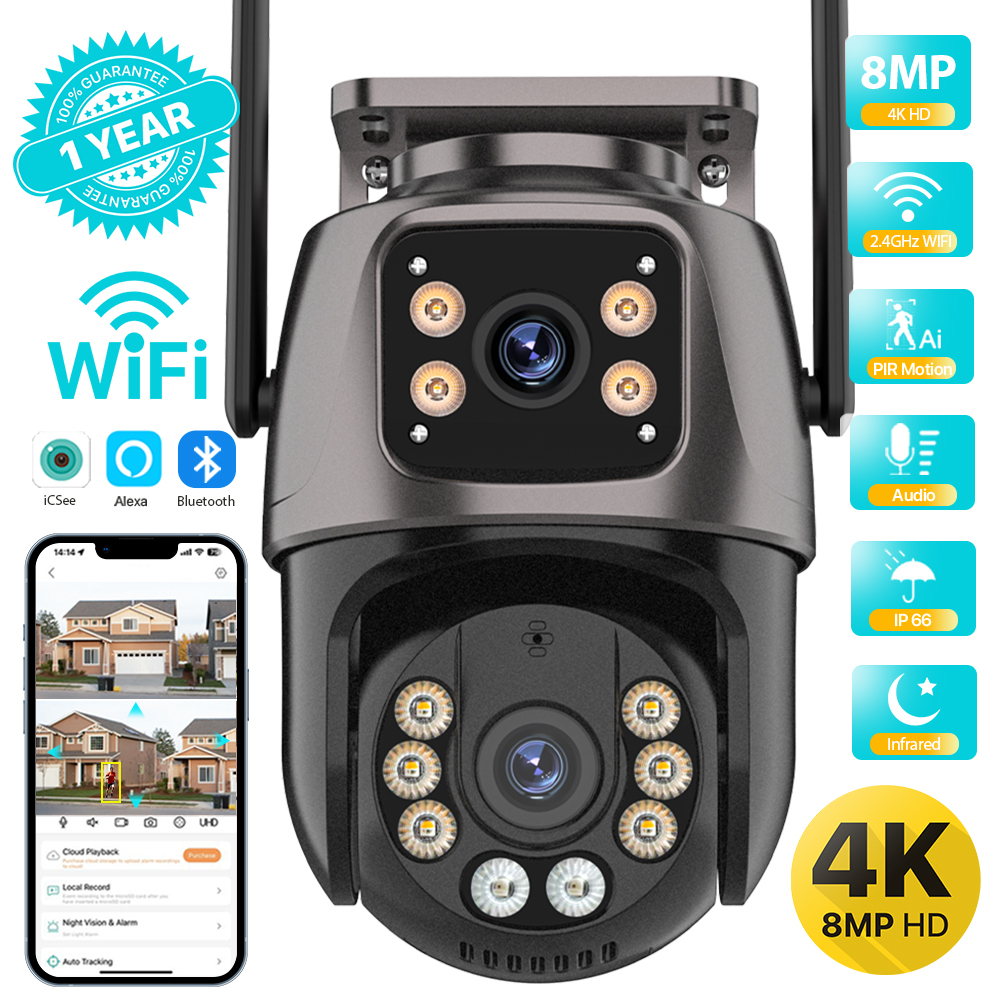 4K 8MP HD Wifi PTZ カメラ屋外 4MP デュアルレンズデュアルスクリーン AI 自動追跡 IP カメラ CCTV オーディオビデオ監視 P2P iCSee