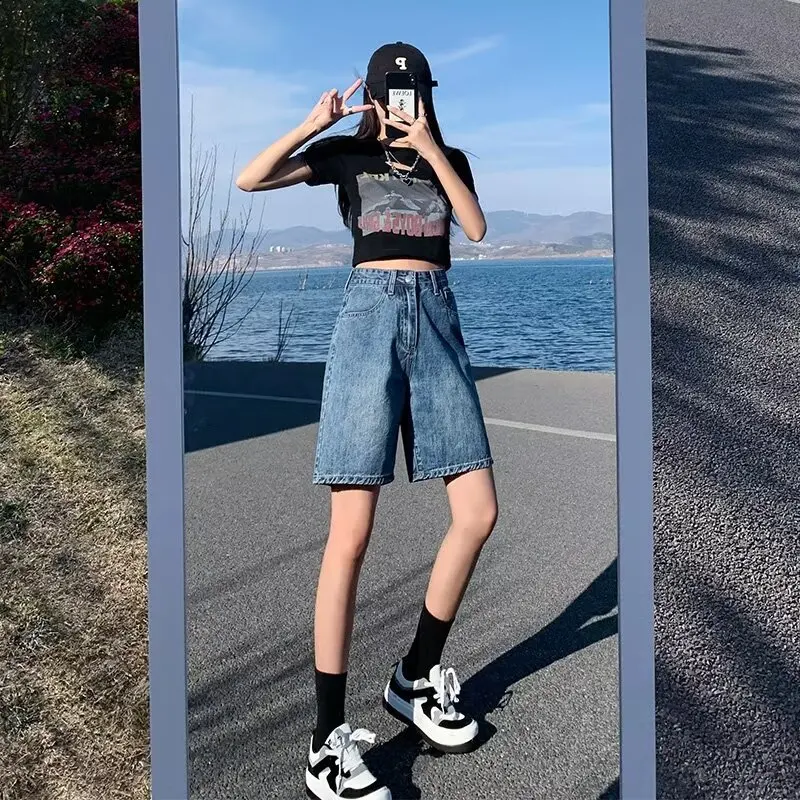 2024 新デニムショーツ女性のルーズフィット痩身ストレートレッグハイウエスト小柄ヴィンテージミッドウエストトレンディな韓国スタイル