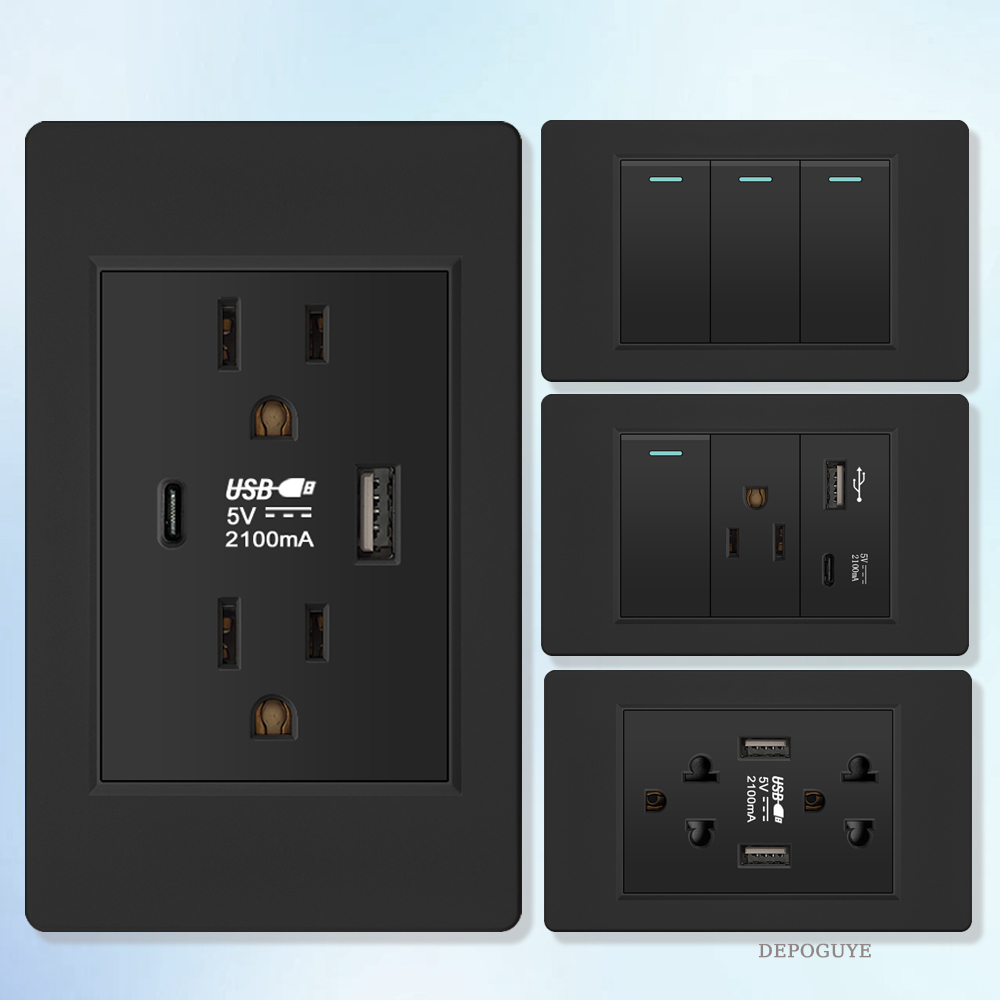 米国の壁ソケット急速充電 USB タイプ C 充電ポート 5V 3A、アメリカメキシコ電灯スイッチブラック電源コンセントプラグ