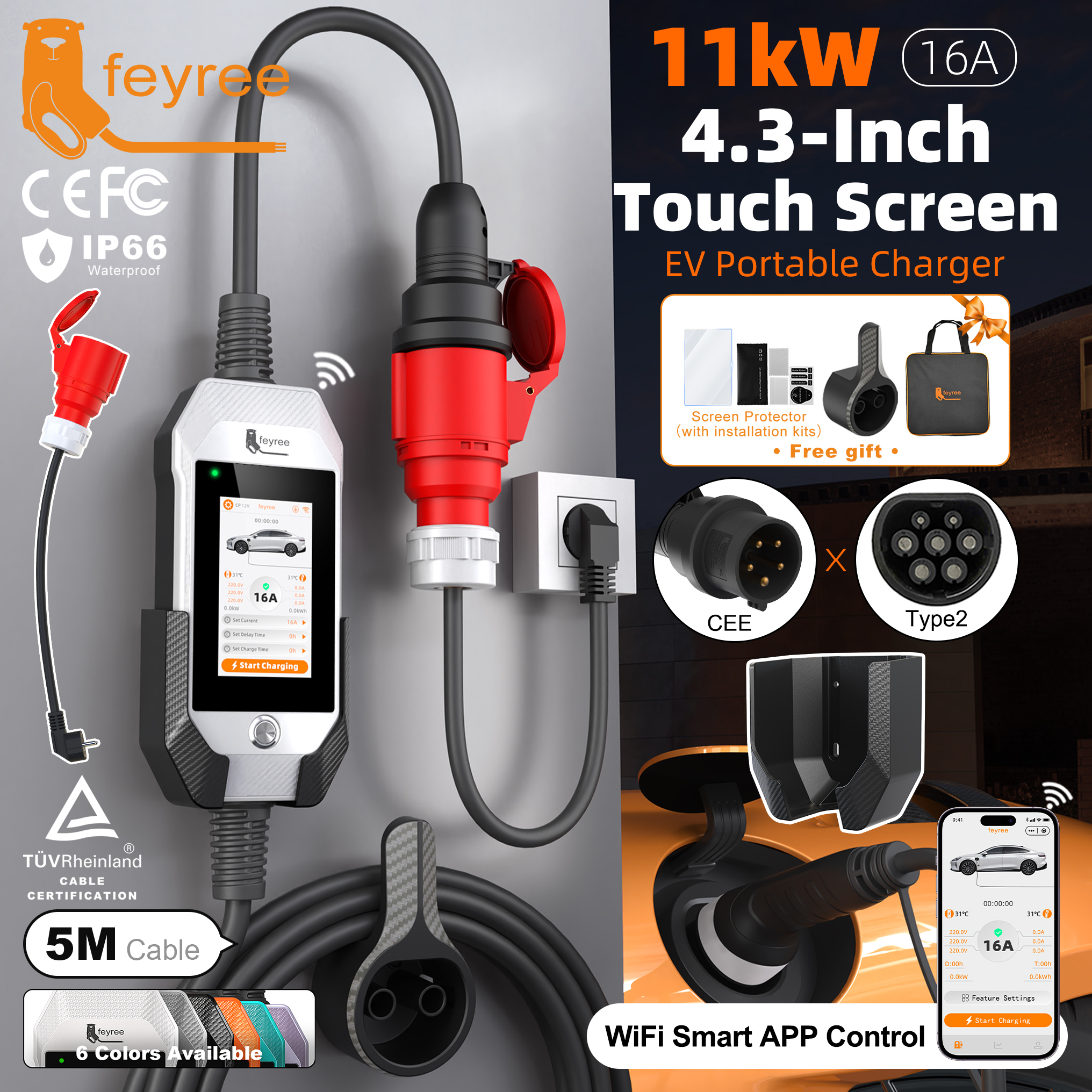 Feyree ポータブル EV 充電器 11kW 16A 3P 急速充電 Type2 ソケット 4.3 インチタッチスクリーンデザインスマート WIFI APP 制御 AC 充電器