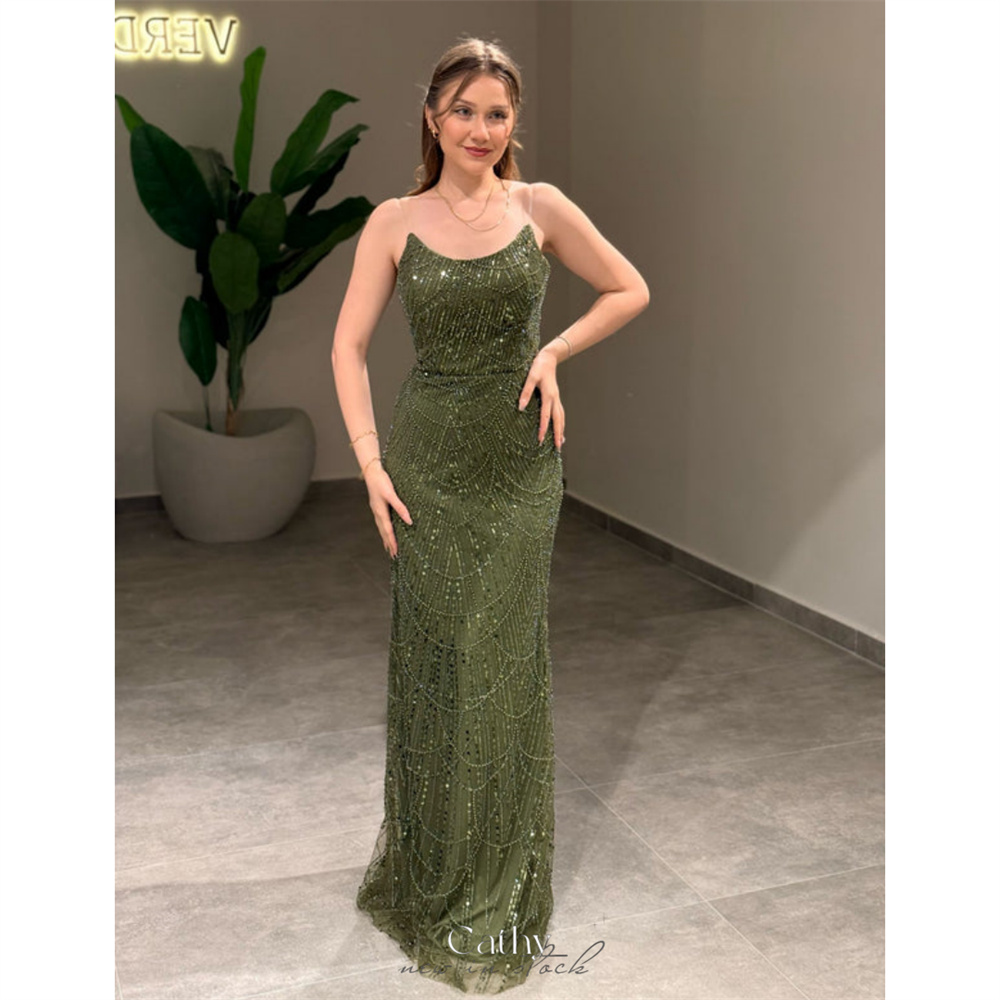 Cathy カスタマイズマーメイドスパゲッティストラップビーズプロムドレスレースアップノースリーブ床長さのフォーマルイブニングドレス