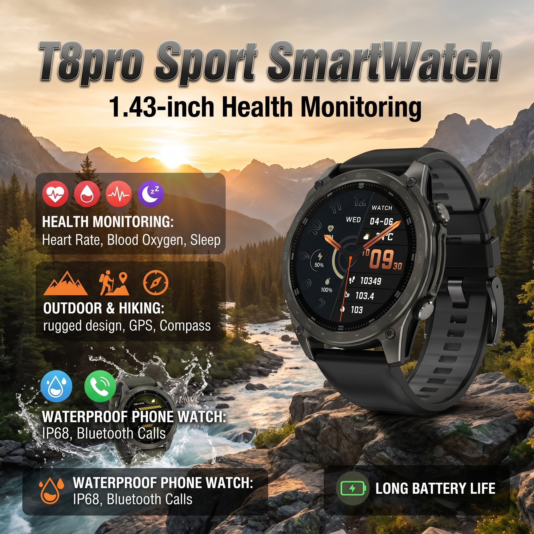 T8Pro スマートウォッチ 1.43 インチ AMOLED スクリーン Bluetooth 通話男性スポーツフィットネストラッカー防水屋外ハイキングスマートウォッチ