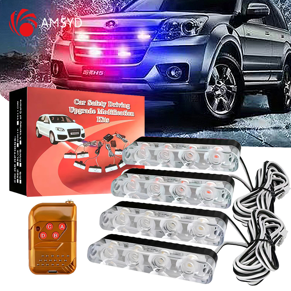 4 で 1 赤青緊急フラッシュライト 12V ワイヤレスリモコンストロボグリルライトアセンブリ車トラックバン SUV
