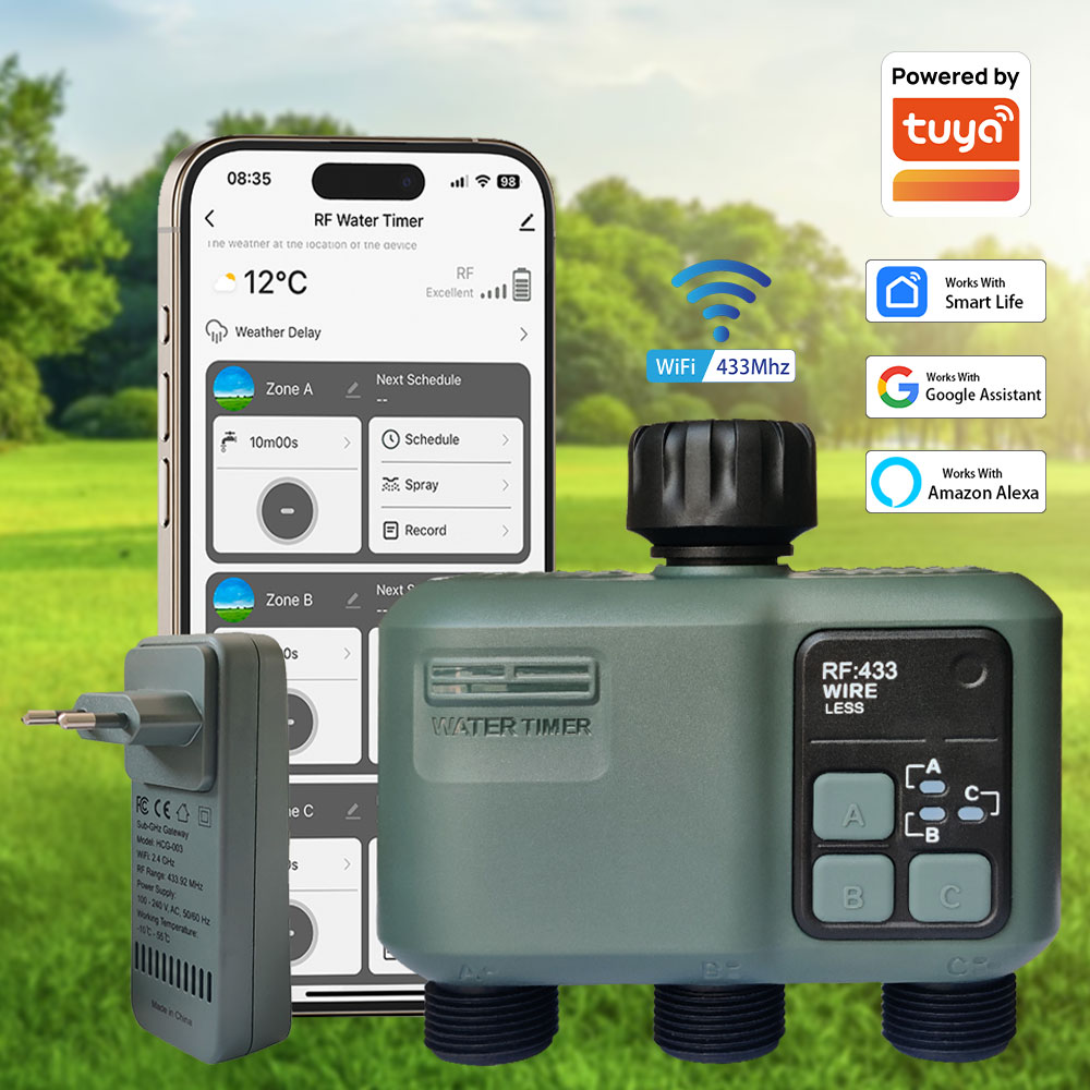 Tuya Wifi RF433 3 出口水タイマー庭の水タイマー雨遅延フィルタープログラム可能な自動灌漑コントローラー