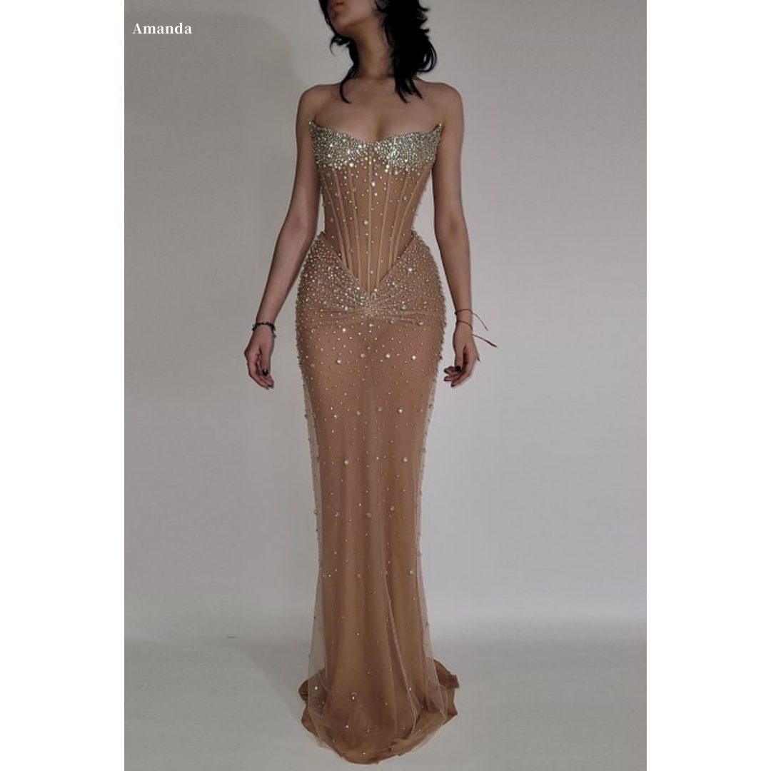 アマンダ カスタマイズされたシャンパン ストラップレス バックレス プロムドレス グリッター マーメイド Vestidos de noche マキシレングス フォーマルイブニング 2025