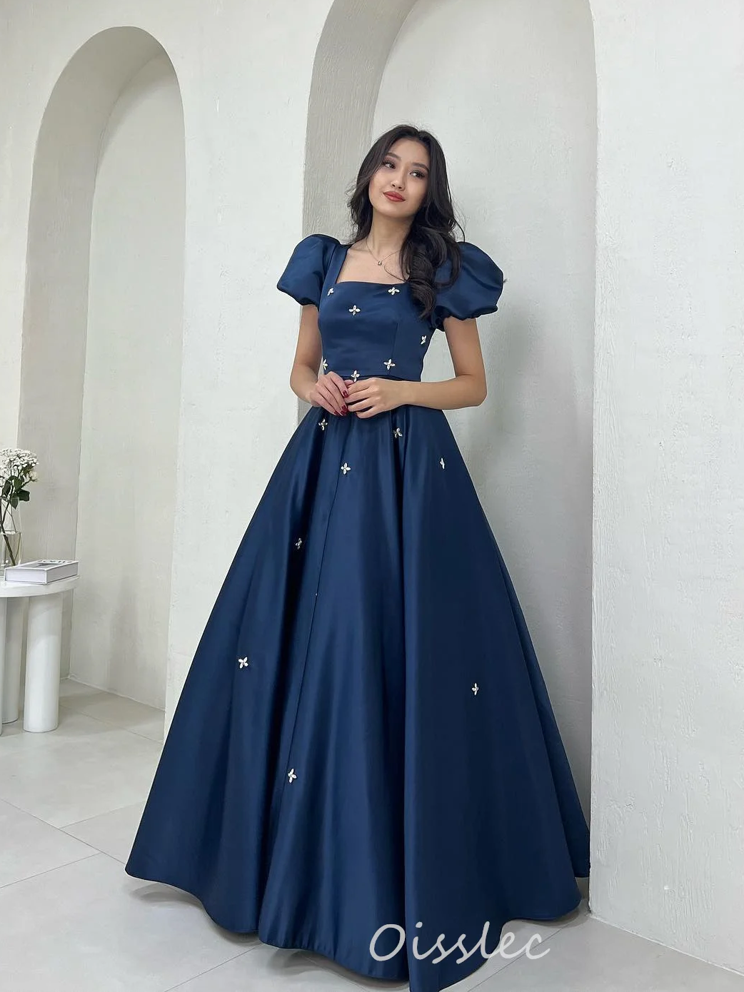 Oisslec ネイビーブルー プロムドレス ビーズ Vestidos de noche フォーマルイブニングドレス フロアレングス A ライン パーティードレス フォーマルオケージョン