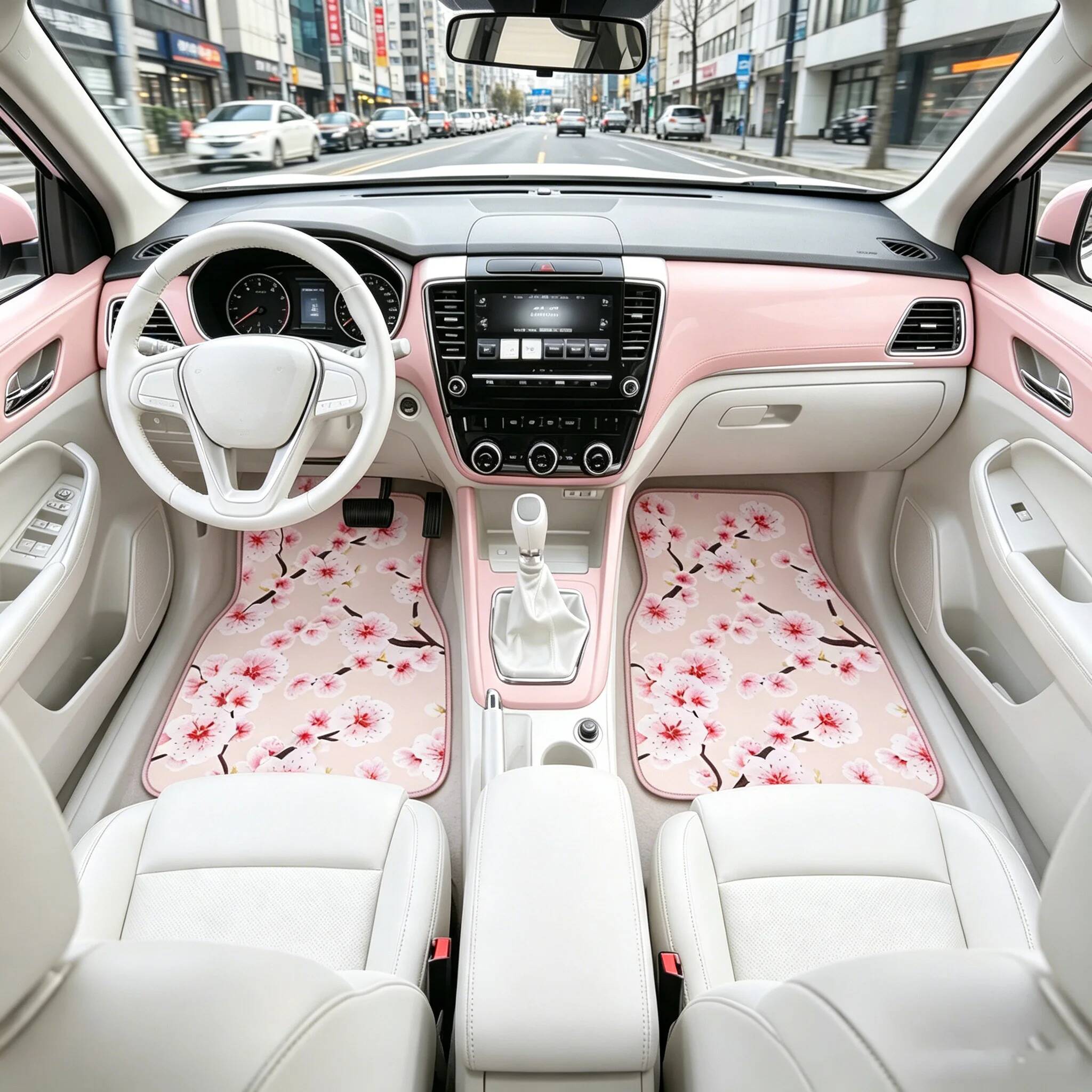 JDMスタイル桜カーフロアマット、ネイビーブルーピンク桜プリント、ユニバーサル防水滑り止めオールシーズンカーペット