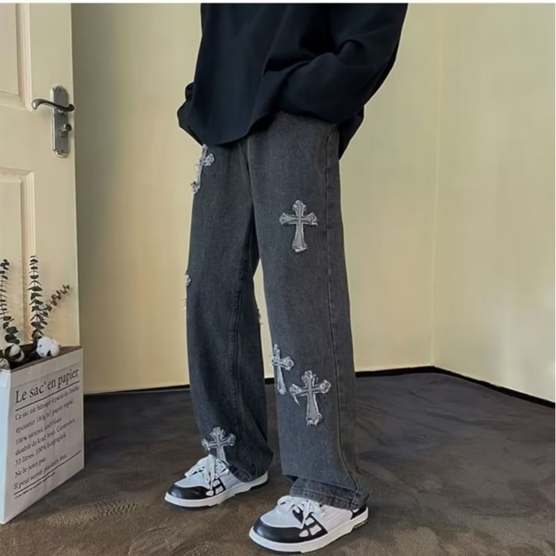 クロス刺繍 Y2k ジーンズメンズストレートデニムパンツカジュアルヴィンテージジーンズ多用途ファッションストリート春ハイストリートパンツ