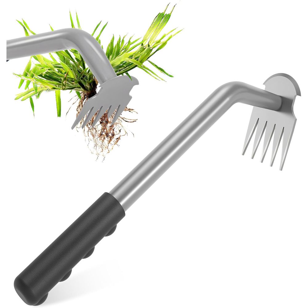 効率的な庭の除草と植栽のためのゴム製ハンドル付きポータブル5本タインスチール雑草抜き