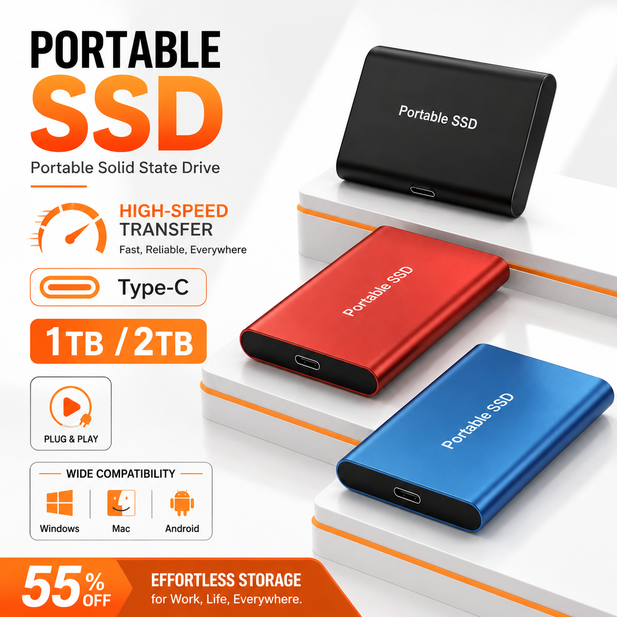 2TB ポータブル外付け SSD USB 3.1 Type-C ストレージ ハードディスク 1TB ラップトップ/デスクトップ/電話用
