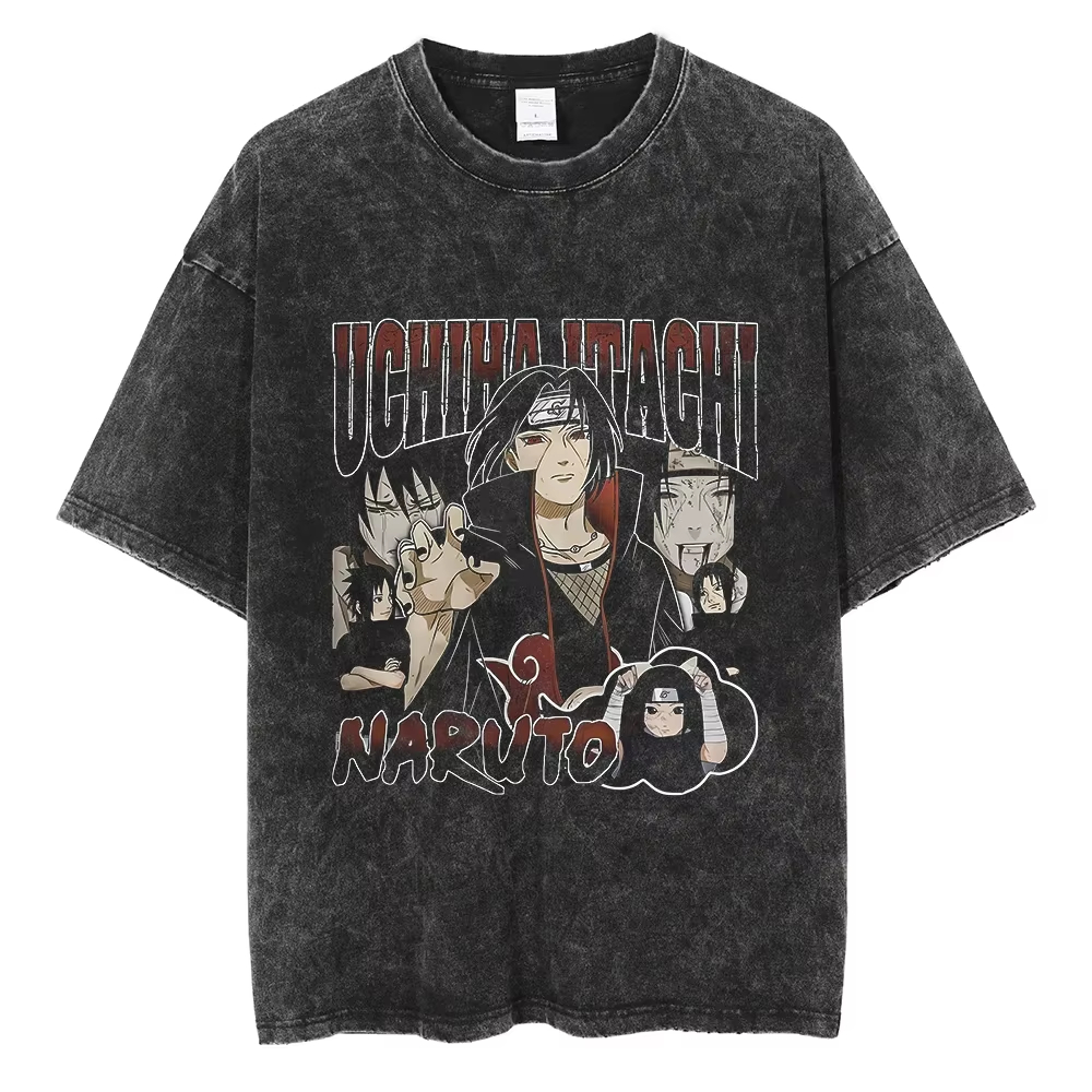 ヒップホップストリート日本アニメナルトプリント Tシャツヴィンテージ黒 Tシャツ原宿綿カジュアルトップス男性半袖 Tシャツ