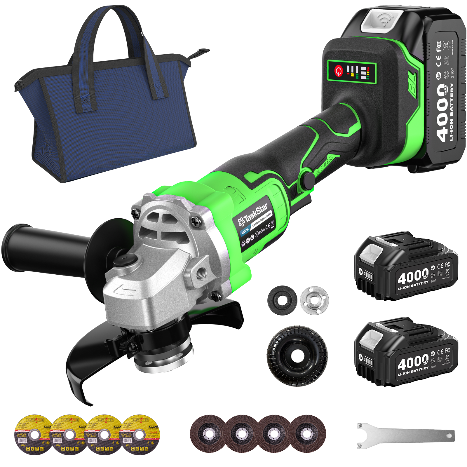 TaskStar コードレス アングル グラインダー 21V ブラシレス 125mm | 10000 RPM 電動工具、2x4.0Ah バッテリー付き