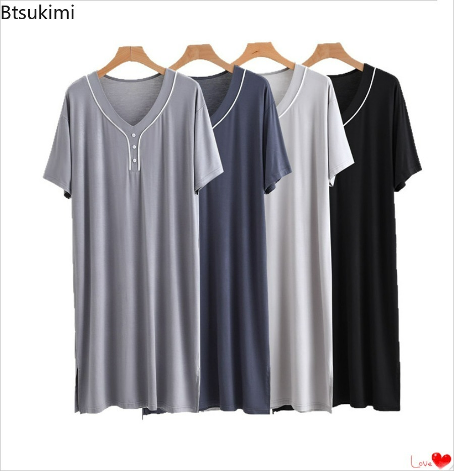 新しいメンズソフトモーダル O ネックパジャマナイトガウンパッチワークローブミッドロング膝丈ルーズホーム服部屋着男性用ドレス