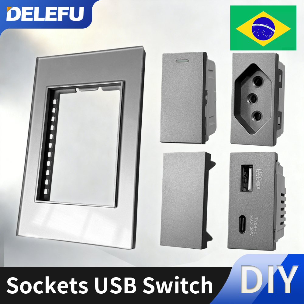 DELEFU ブラジル標準自由組み合わせ機能 USB タイプ C キー DIY スイッチソケット 118 ミリメートル * 72 ミリメートルグレーガラスパネル