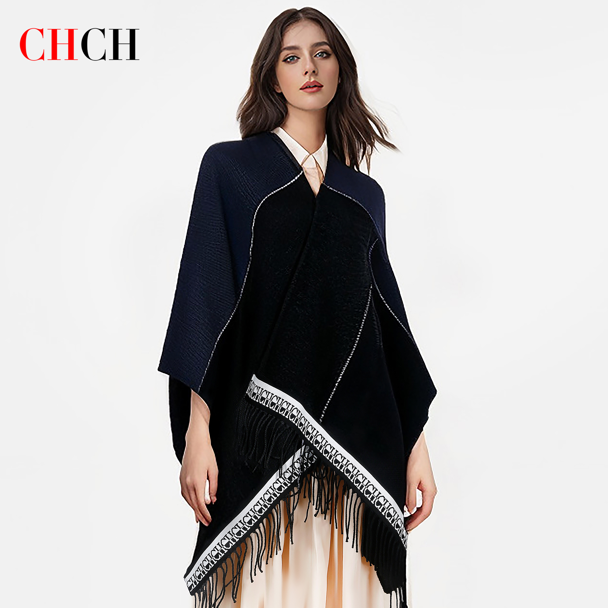 CHCH 女性のショールマント 2024 ファッション新スタイルネイビーブルーファッションシンプルで暖かいスカーフ