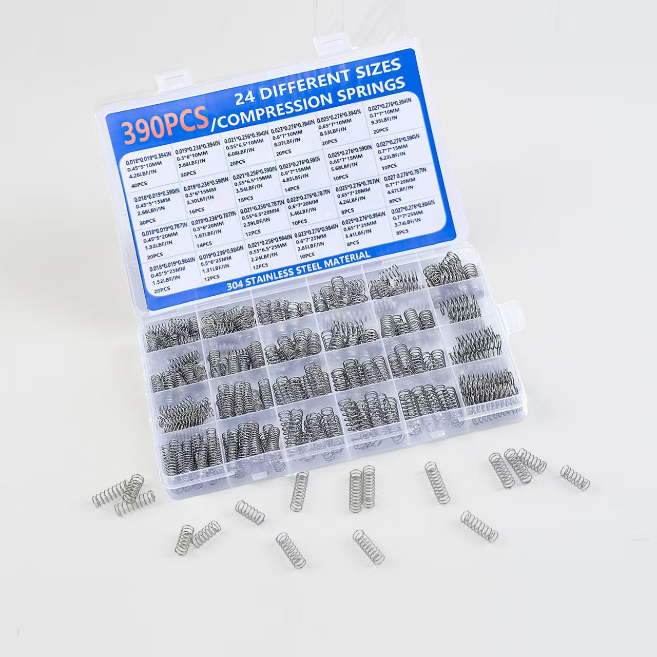 390 個 24 サイズ プレミアムステンレス鋼圧縮スプリングキット ワイヤー径 0.45-0.7mm 外径 5-7mm 長さ 10-25mm 圧縮スプリング