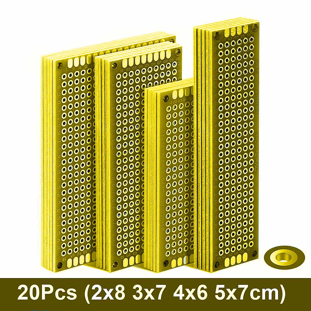 20 個 PCB プロトタイプボード回路プロトボードユニバーサルストリップボードプロトタイピング Veroboard 2X8 3X7 4X6 5X7 5 個各混合黄色