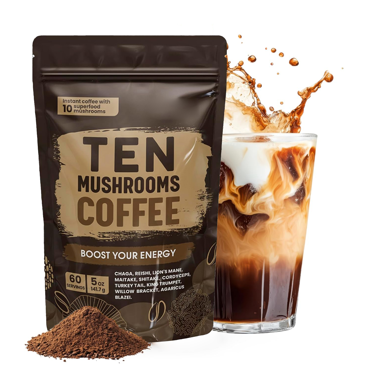 ミディアムローストキノコ挽きコーヒー ライオンのたてがみ付きオーガニックインスタントコーヒー