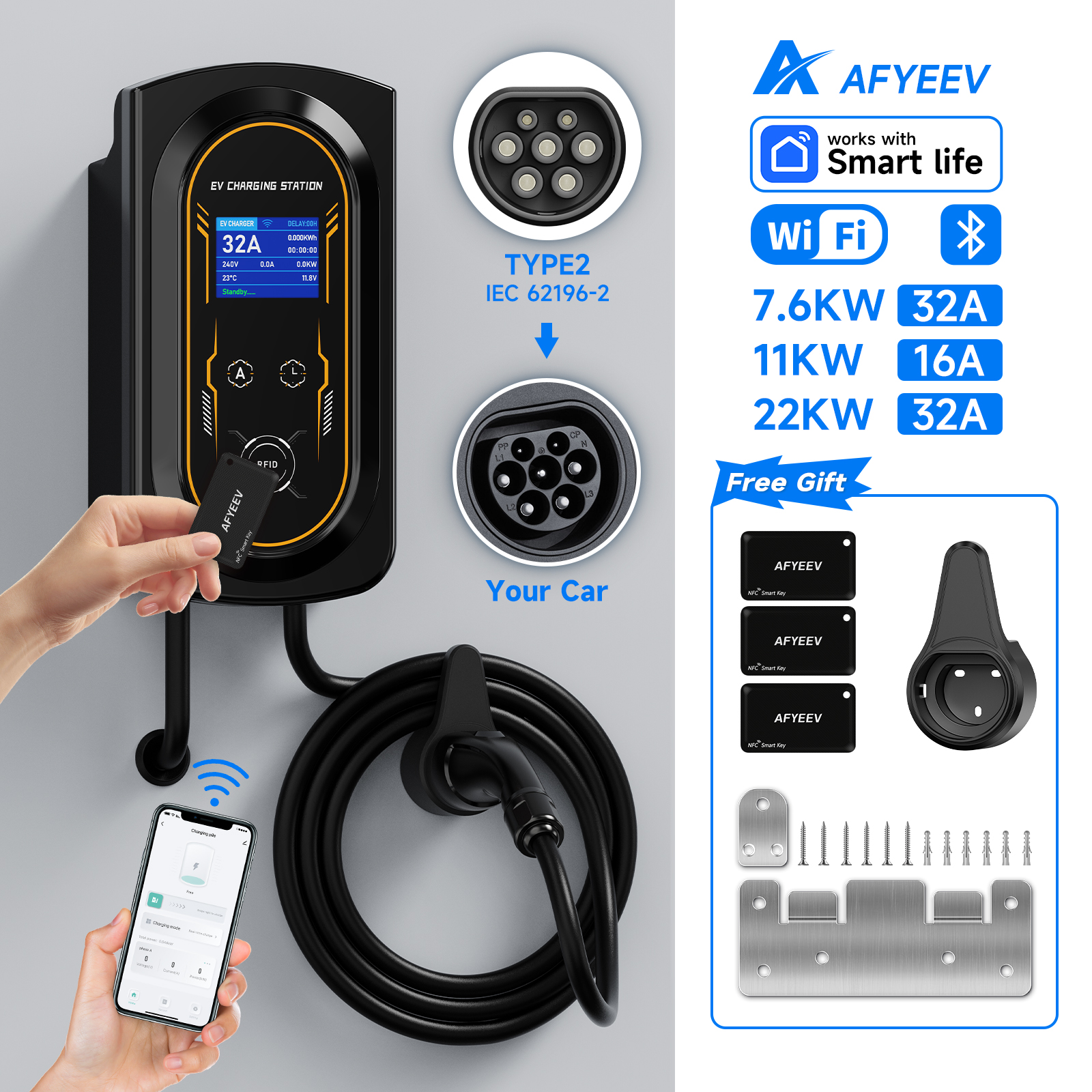 AFYEEV EV 充電器 32A 7.6KW 電気自動車車の充電器 EVSE ウォールボックス 11KW 22KW 3 相 Type2 ケーブル IEC62196-2 ソケット APP 制御