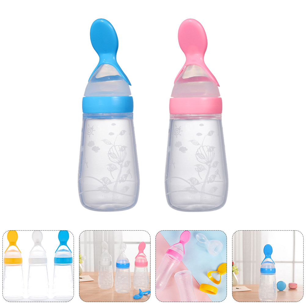 2 個のシリコーンベビーフードフィーダー米穀物哺乳瓶幼児用スクイズフィーダー衛生蓋スプーンデザイン高温