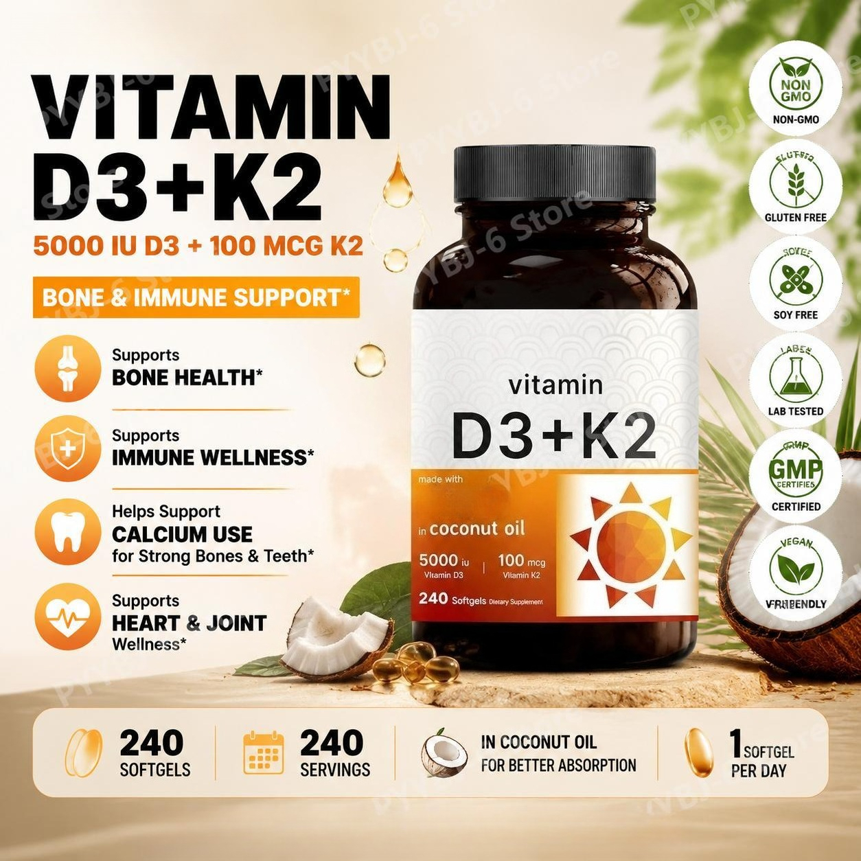 5000 IU D3 と 100 Mcg K2 を含む骨用ビタミン D3 K2 ソフトジェル