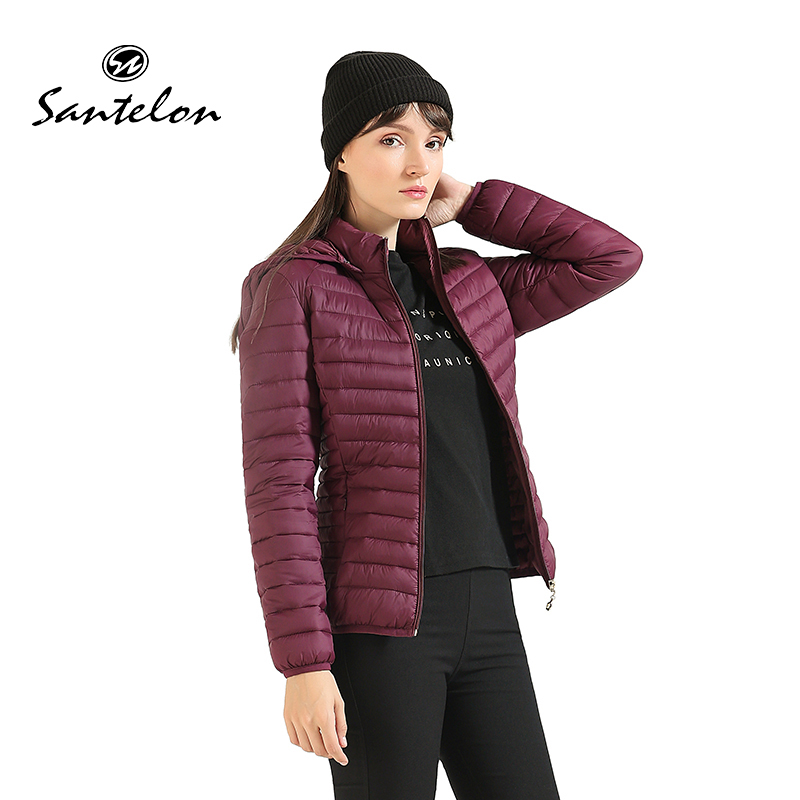 SANTELON 冬パーカー超軽量パッド入りパファージャケット女性用コートフード付き屋外暖かい軽量生き抜く収納袋付き