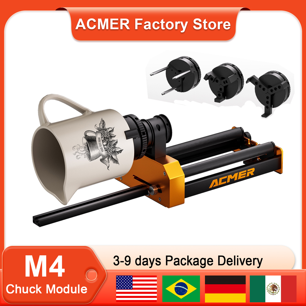 ACMER M4 チャックロータリーローラー 4IN1 360° ロータリーモジュールクリッピング可能直径 4-64 ミリメートル円筒物体用レーザー彫刻アクセサリー
